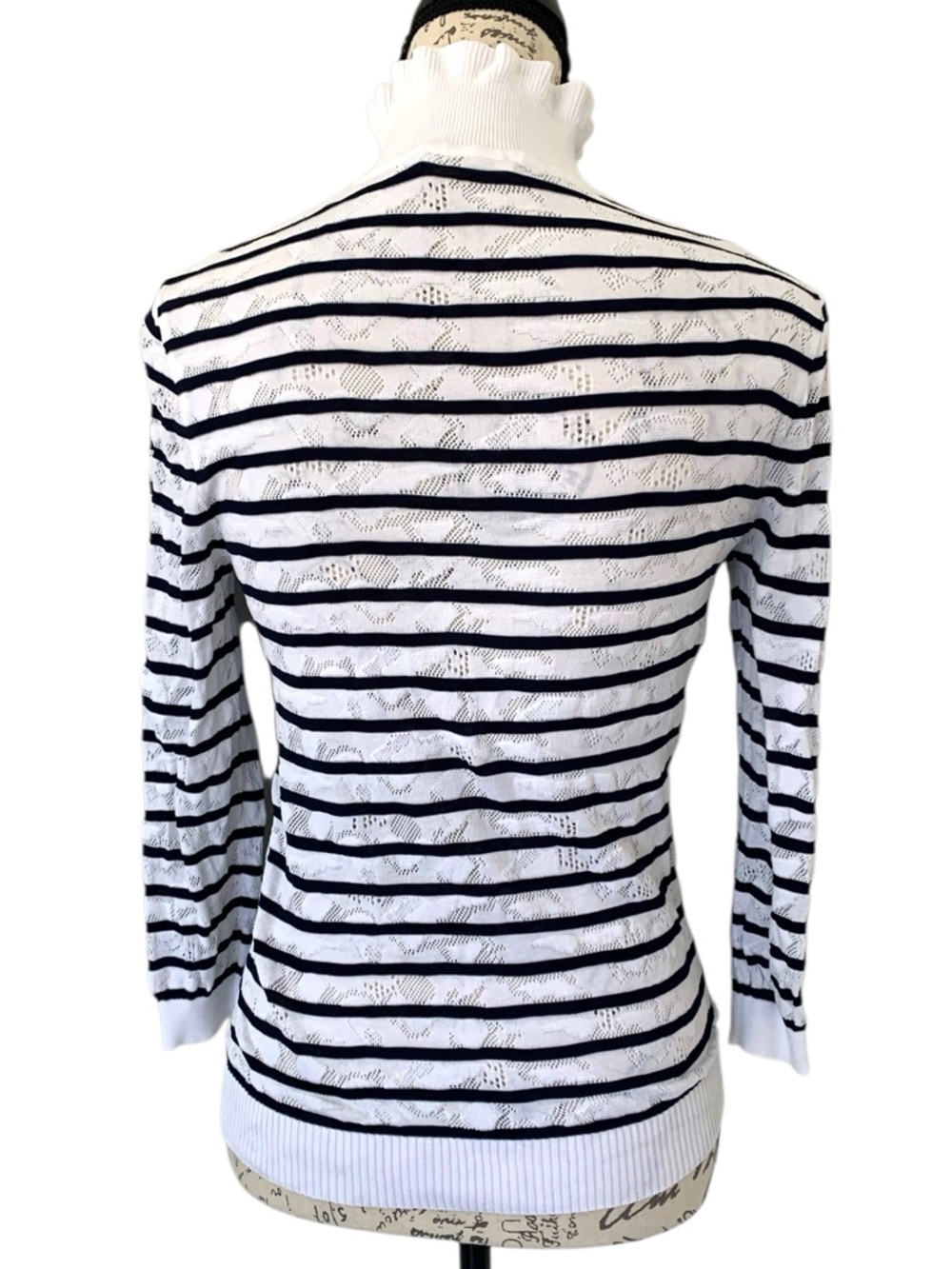 Chloe Ruffled Turtleneck Striped Sweater White & Navy Size S - Picture 3 of 6